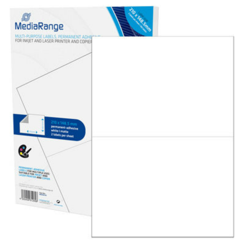 MediaRange Multi-Purpose Labels 210×148.5mm Permanent Adhesive White 100 Pack MRINK141