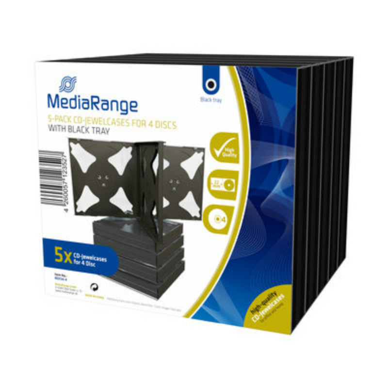 MediaRange CD Jewelcase for 4 Discs 22mm 5-Pack Transparent with Black Tray BOX34-4